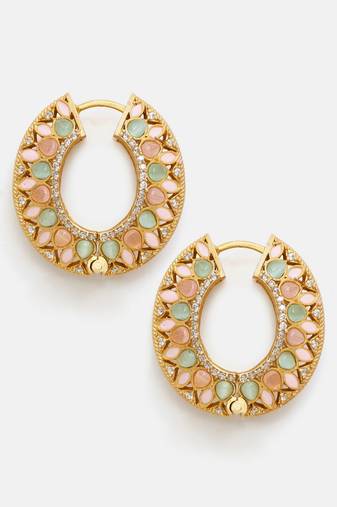 Gold plated kundan multicolor Stone hoop earrings