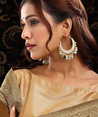 Gold plated kundan multicolor Stone hoop earrings 1