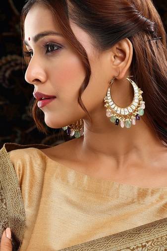 Gold plated kundan multicolor Stone hoop earrings