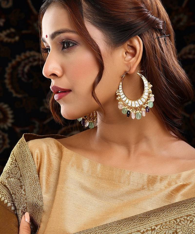Gold plated kundan multicolor Stone hoop earrings