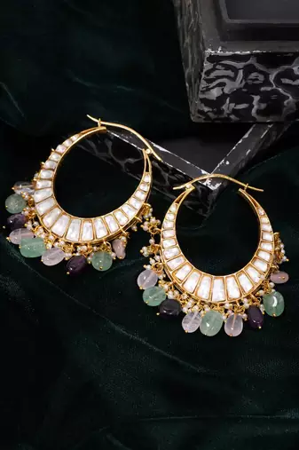 Gold plated kundan multicolor Stone hoop earrings