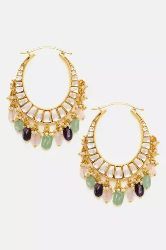 Gold plated kundan multicolor Stone hoop earrings