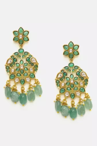 Gold plated kundan green stone dangler earrings