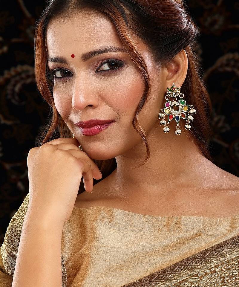 Gold plated kundan multicolor Stone chandbalis