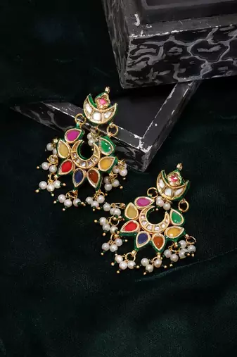 Gold plated kundan multicolor Stone chandbalis