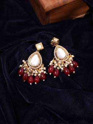 Gold plated kundan red stone dangler earrings 3