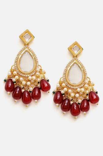 Gold plated kundan red stone dangler earrings