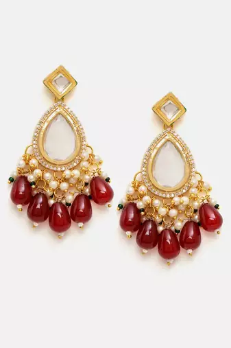 Gold plated kundan red stone dangler earrings