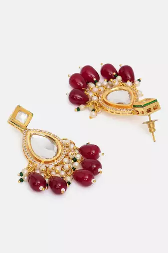Gold plated kundan red stone dangler earrings
