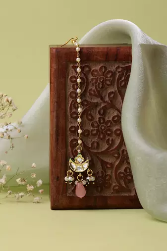 Gold plated kundan pink stone maang tikka