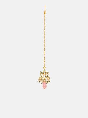 Gold plated kundan pink stone maang tikka 3