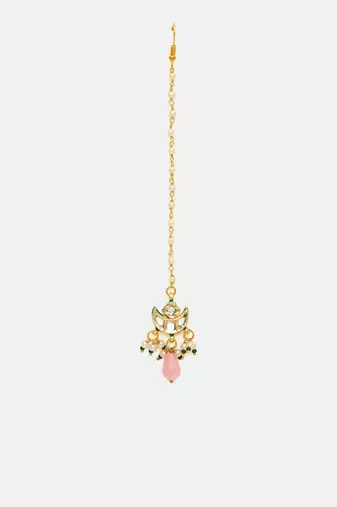 Gold plated kundan pink stone maang tikka