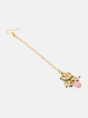 Gold plated kundan pink stone maang tikka 4