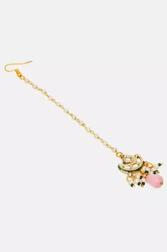 Gold plated kundan pink stone maang tikka