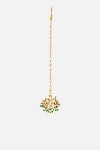 Gold plated kundan green stone maang tikka