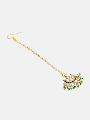 Gold plated kundan green stone maang tikka 4