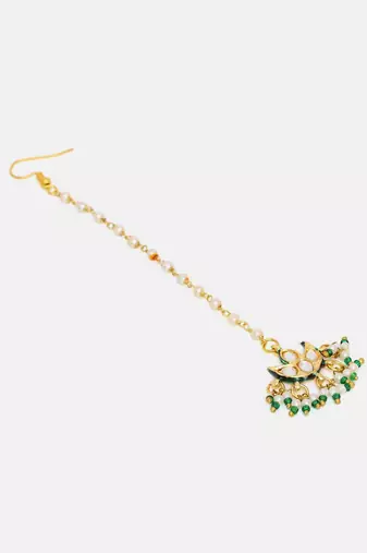 Gold plated kundan green stone maang tikka