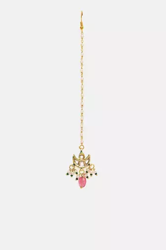 Gold plated kundan red stone maang tikka