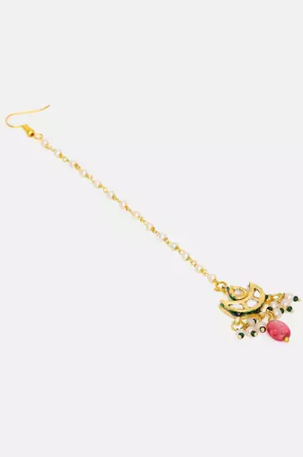 Gold plated kundan red stone maang tikka