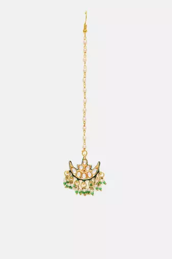 Gold plated kundan green stone maang tikka