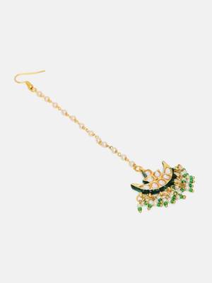 Gold plated kundan green stone maang tikka 4