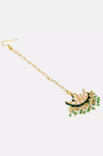 Gold plated kundan green stone maang tikka