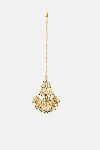 Gold plated kundan green stone maang tikka