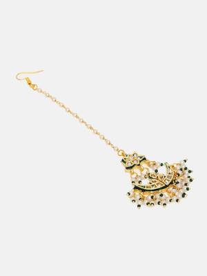 Gold plated kundan green stone maang tikka 4