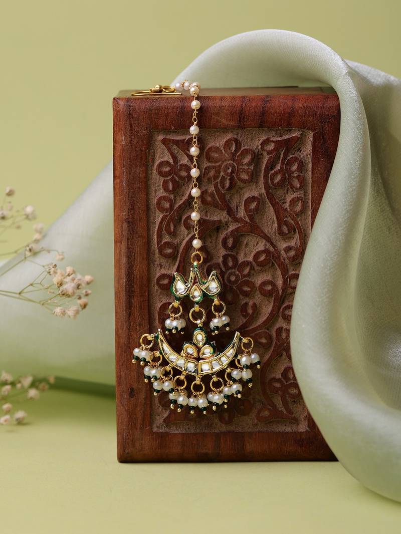 Gold plated kundan green stone maang tikka