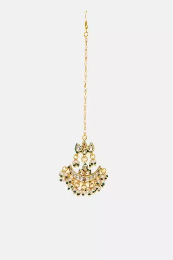 Gold plated kundan green stone maang tikka