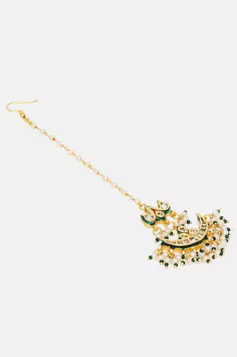Gold plated kundan green stone maang tikka