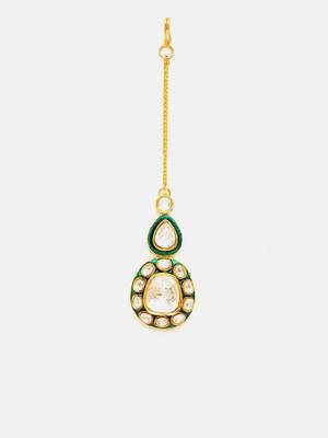 Gold plated kundan green stone maang tikka 3