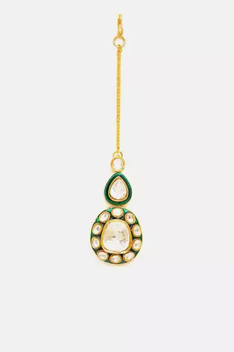 Gold plated kundan green stone maang tikka