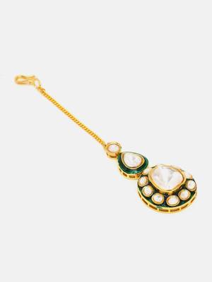 Gold plated kundan green stone maang tikka 4