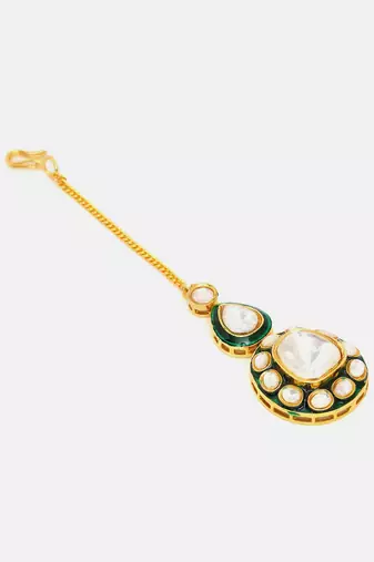 Gold plated kundan green stone maang tikka