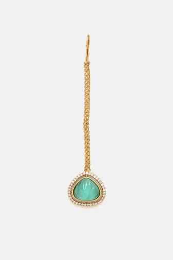 Gold plated kundan green stone maang tikka