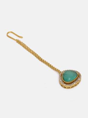 Gold plated kundan green stone maang tikka 4