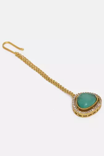 Gold plated kundan green stone maang tikka