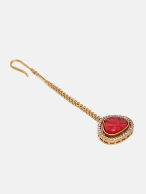 Gold plated kundan red stone maang tikka 4