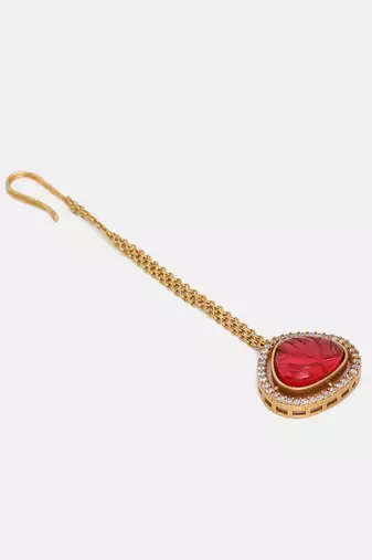 Gold plated kundan red stone maang tikka
