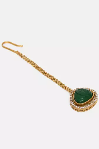 Gold plated kundan green stone maang tikka