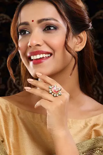 Gold plated kundan pink stone ring