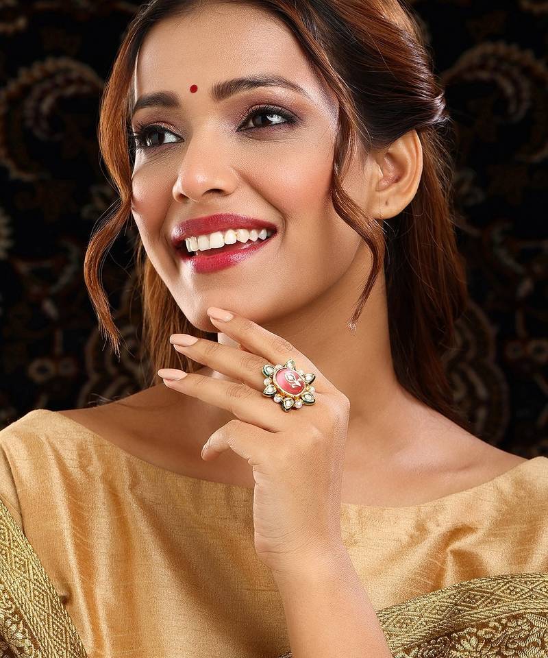 Gold plated kundan pink stone ring