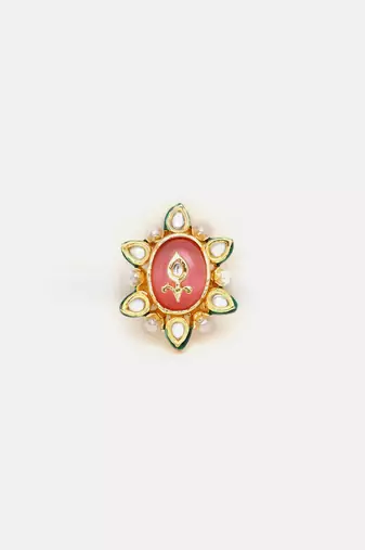 Gold plated kundan pink stone ring