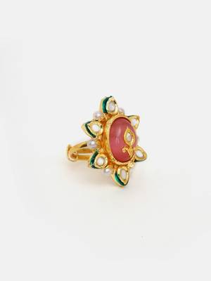 Gold plated kundan pink stone ring 5