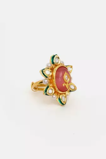 Gold plated kundan pink stone ring