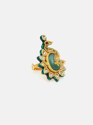 Gold plated kundan green stone ring 4