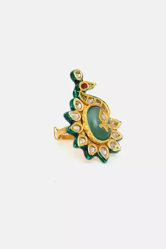 Gold plated kundan green stone ring