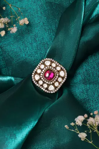 Gold plated kundan red stone ring