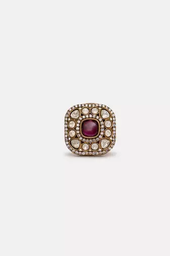 Gold plated kundan red stone ring